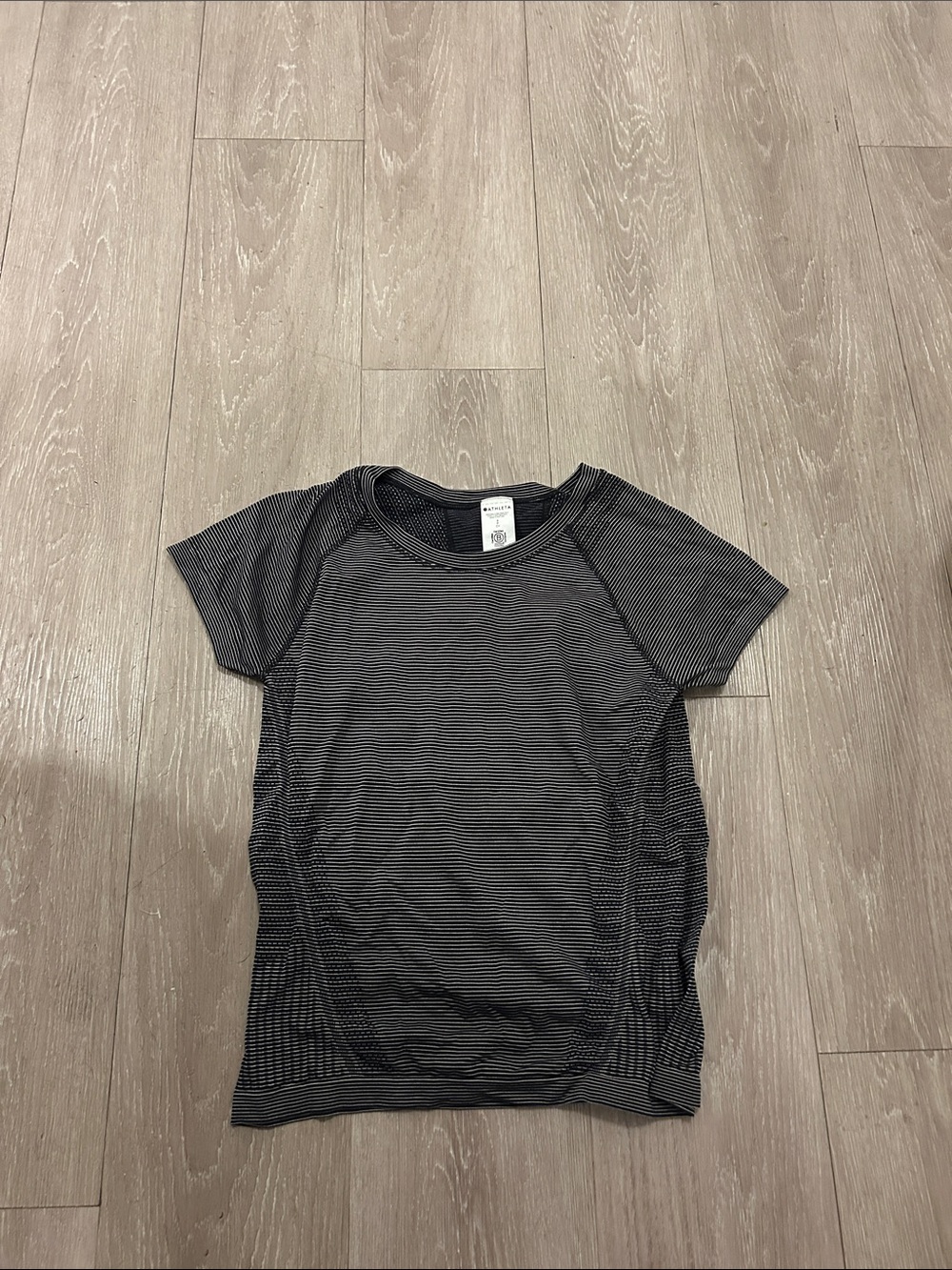 Athleta Black and Gray Striped Short Sleeve Performance Tee